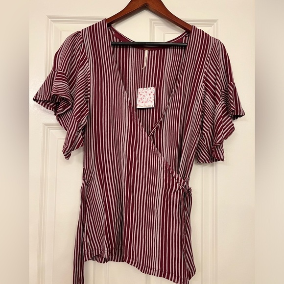 Free People Red Flutter Sleeve Wrap Blouse - Picture 3 of 10